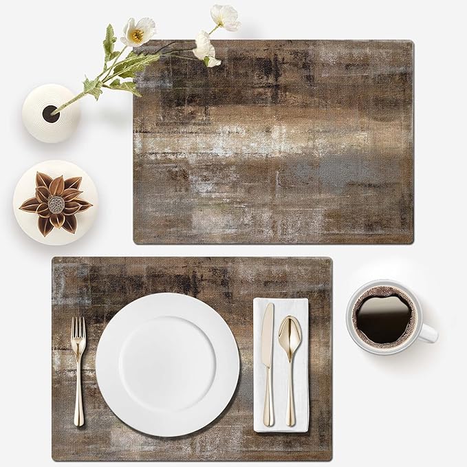 Mcalk Dark Brown Table Runner and Placemats Set of 6 Pieces, Brown Placemat, Cloth Place Mats Indoor for Kitchen, Washable Abstract Placemats Linen Material for Dining Table