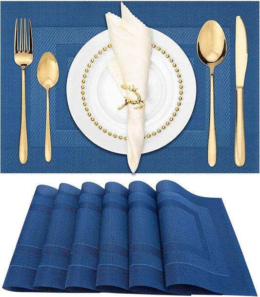 Winknowl Placemats for Dining Table Set of 6 Waterproof, Woven Place Mats for Kitchen Table Vinyl Heat Insulation Stain Resistant Placemats (Navy Blue)