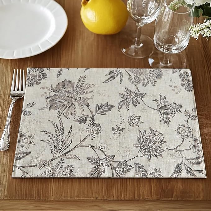 JINCHAN Linen Floral Fall Placemats Set of 4 Cloth Table Mats Rustic Cottagecore Jacobean Outdoor Seasonal for Kitchen Dining Table Decor Non-Slip Washable Tablemats 13x19 Inch Grey