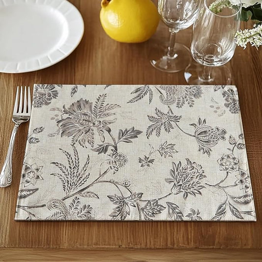 JINCHAN Linen Floral Fall Placemats Set of 4 Cloth Table Mats Rustic Cottagecore Jacobean Outdoor Seasonal for Kitchen Dining Table Decor Non-Slip Washable Tablemats 13x19 Inch Grey