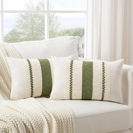 Fancy Homi Set of 2 Boho Moss Green Long Lumbar Decorative Throw Pillow Cover 14x24 Inch for Couch Bed Sofa Chair, Modern Organic Farmhouse Home Decor, Soft Cotton Cute Accent Rectangle Cushion Case