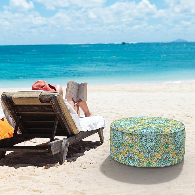LVTXIII Indoor/Outdoor Inflatable Ottoman, D31 x H14 Inch Large Round Ottoman, All Weather Foot Rest Stool, Portable Footrest for Patio, Garden, Camping and Home - Damask Green
