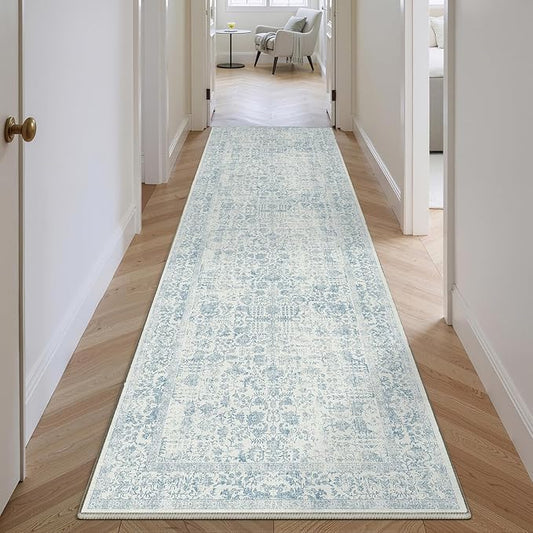 Blue Runner Rug 3x8 Hallway Machine Washable Kitchen Vintage Distressed Non Slip Long Carpet Indoor Retro Floral Bedroom Accent Throw Rug for Bathroom Office Laundry Dining Room
