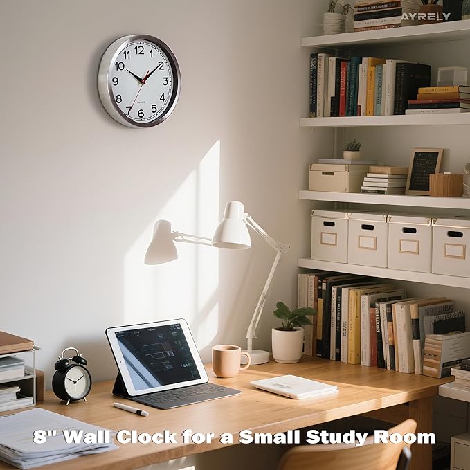 AYRELY® Wall Clock – 8 Inch Metal Decorative Modern Analog Clock, Silent Non-Ticking Battery Operated Small Classic Wall Clocks for Kitchen, Living Room, Bedroom, Office, Bathroom（Classic-8in）