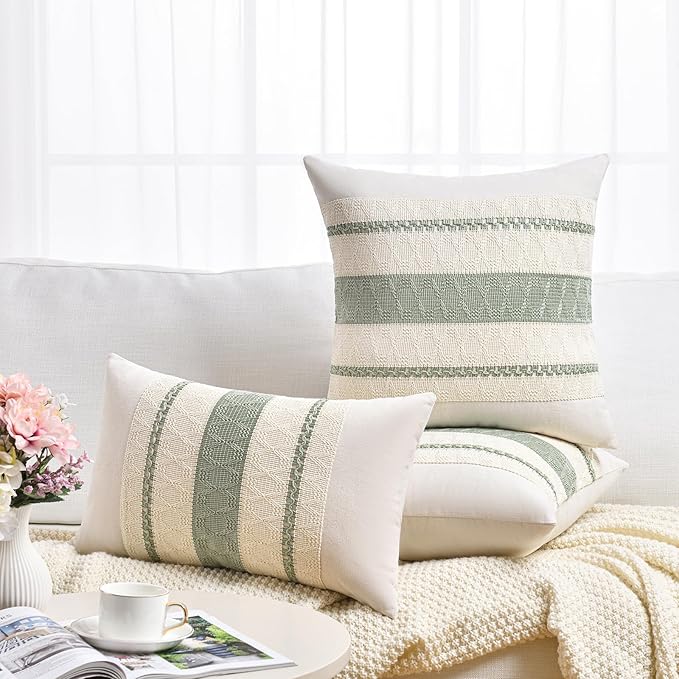 Fancy Homi Set of 2 Sage Green Boho Decorative Throw Pillow Covers 18x18 Inch for Living Room Bedroom Couch Bed Sofa Chair, Rustic Retro Cushion Case 45x45 cm, Bohemian Room Home Decor