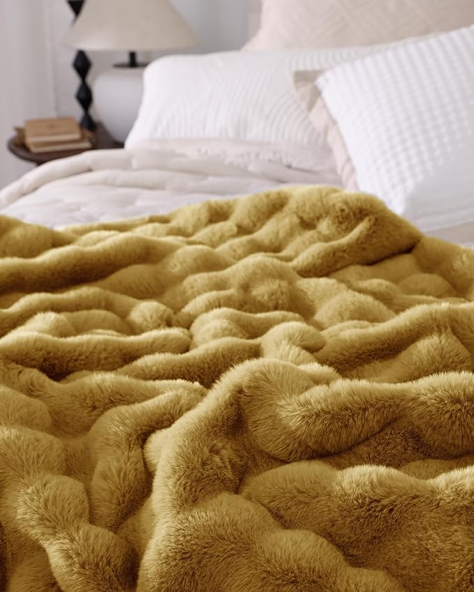 Ultra Soft Cozy Faux Fur Throw Blanket, Fuzzy Plush Thick Bubble Blanket, Oversize Luxury Fluffy Blanket for Couch, Sofa, Bedroom, and Living Room, Gifts for Women and Girls, 50x60 Inches, Dark Yellow