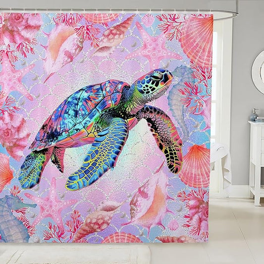 Feelyou Colorful Sea Turtle Fabric Shower Curtain Under Sea Animals Themed Shower Curtain for Kids Pink Shells and Corals Bathroom Waterproof Accessories with 12 Hooks Ombre Curtains,72X84 Inches