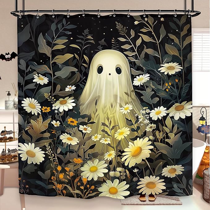 Halloween Ghost Shower Curtain 60Wx72L Inch Gothic Daisy Night Leaves Flower Floral Holiday Bathroom Set Accessories Decor with 12 Pack Hooks