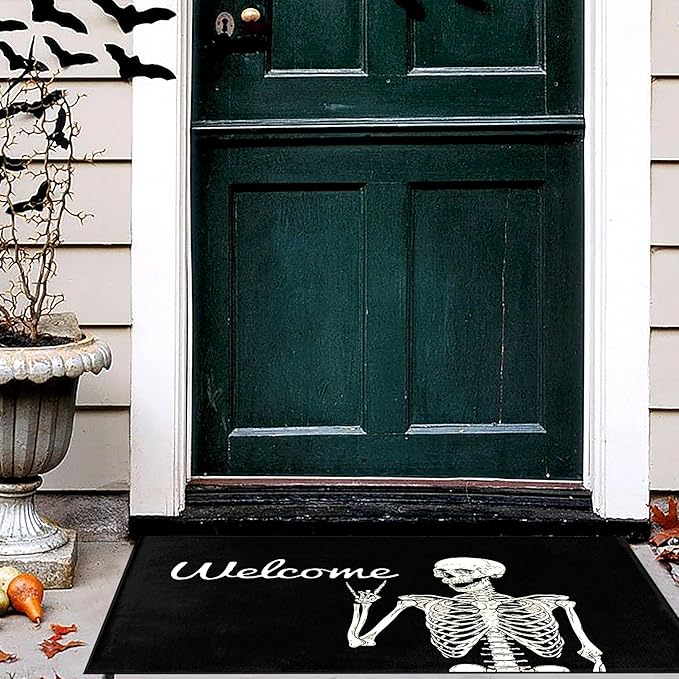 Funny Halloween Skull Doormat 17" x 29" Non-Slip Indoor Outdoor Skull Welcome Mat with Spooky Skull Design for Front Door, Porch, Kitchen, or Entryway Decor