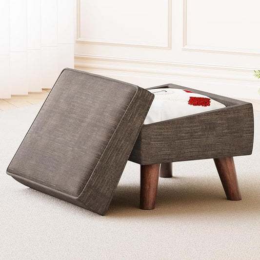 Small Footstool Ottoman with Adjustable Lid, Modern Storage Ottoman, Foot Rest for Couch, Foot Stool with Sturdy Wood Legs for Living Room, Bedroom, Enterway, Brown