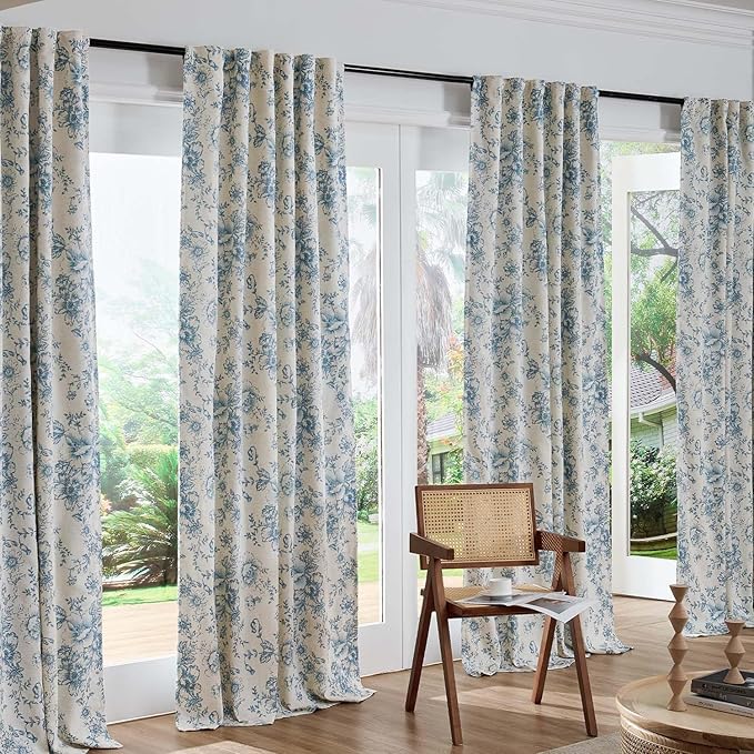 jinchan Blackout Linen Blend Curtain Floral Blackout Curtains for Living Room 90 Inch Length Blue Printed with Lined Blackout Curtain for Bedroom Farmhouse Curtains Set 2 Panels