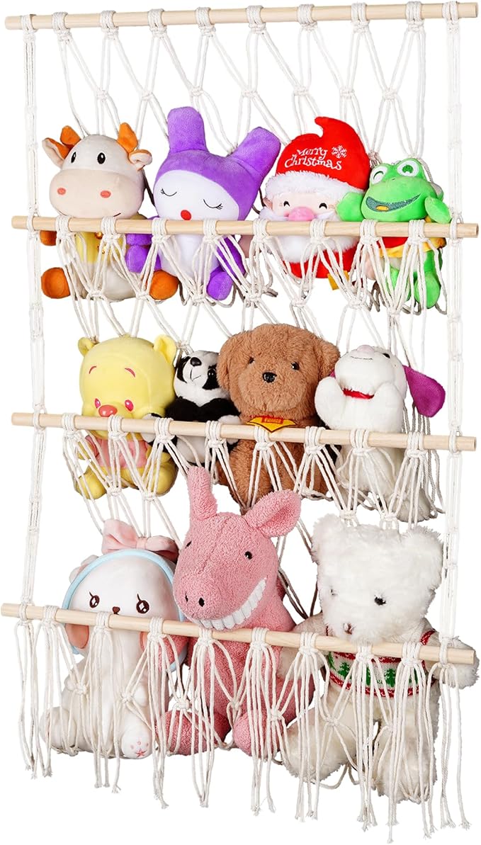 3 Tiers Plush Toy Organizer Hammock with Tassels, Stuffed Animals Net for Room Decor, Plushie Net Toy Hammock, Over the Door Organizer, Storage and Organization for Kid's, 3 Layers