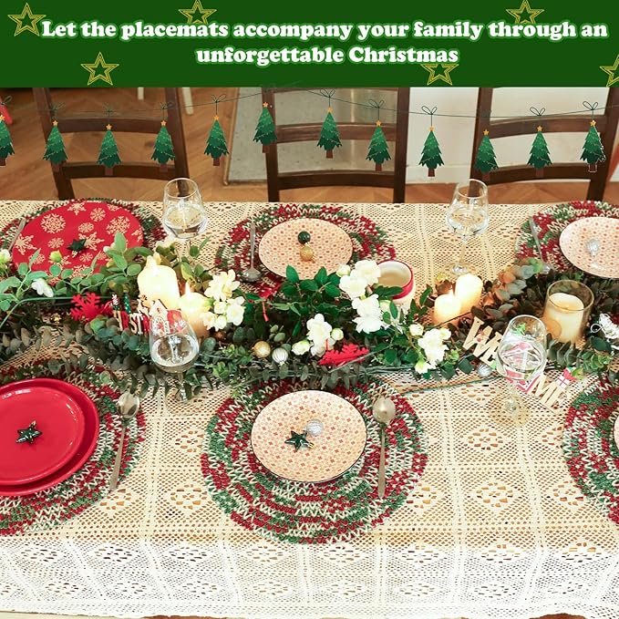 Noctiflorous 15 Inch Round Placemats Set of 12 Durable Braided Woven Heat Resistant Table Mats for Indoor Outdoor Non Slip Dining Table Place Mats(01 Christmas, 12)