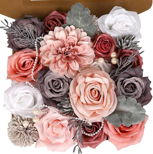 ASTRYAS Artificial Flowers Combo Box Set, Pink Mix Silk Flowers Dahlia Roses with Stems for DIY Wedding Bouquets Centerpieces Arrangements Party Bridal Baby Shower Home Decorations, Gray & Pink