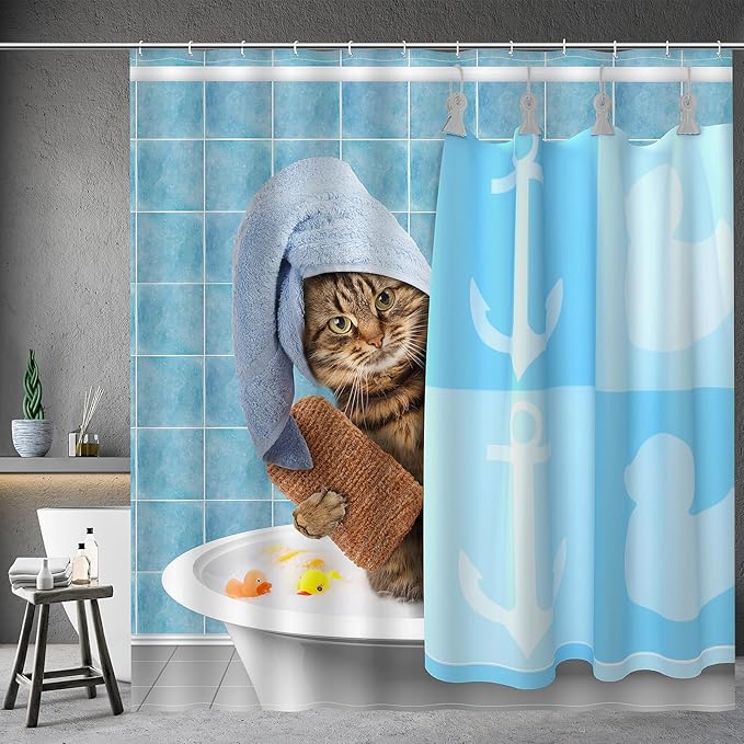 Aimego Extra Long Shower Curtain - Funny Bathing Cat Cute Kitten Taking Shower with Rubber Ducks Fabric Cloth Shower Curtain Set with 12 Hooks for Bathroom Decor Accessories Bathtub Curtain, 72"x84"