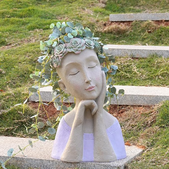 Head-Planter - Face Flower Pot - Succulent Planters - Drainage Hole - Garden Statue Flower Pots Cactus Resin Planter with Drainage Hole Garden Yard Farmhouse Décor 9.25*7*13.5 inch Newman House Studio