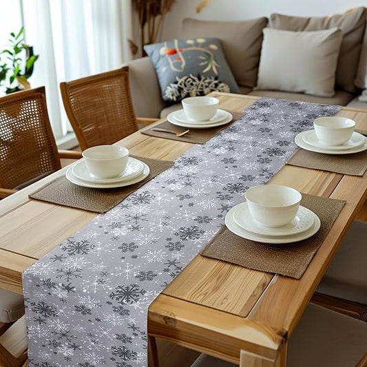 Urban Villa Christmas TableRunner Grey Snowflake Table Runner 14”x72” 100% Cotton Over Sized Runner Heavier Quality Table Runner for Christmas Celebrations Dining WeddingDinner Parties Everyday Use