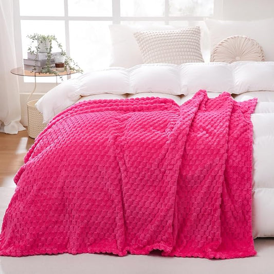 Puncuntex Hot Pink Throw Blanket 108"×90" inches Fuzzy 3D Jacquard Decorative Flannel Fleece Super Soft Plush Cozy Blanket for Couch Sofa Chair Lightweight