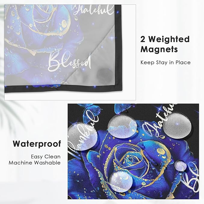 Blue Rose Floral No Hook Shower Curtain with Snap in Liner, Butterfly Flower Grateful Blessed Bath Curtain with Double Layers Waterproof Fabric and Mesh Top Window 71x74 Inch