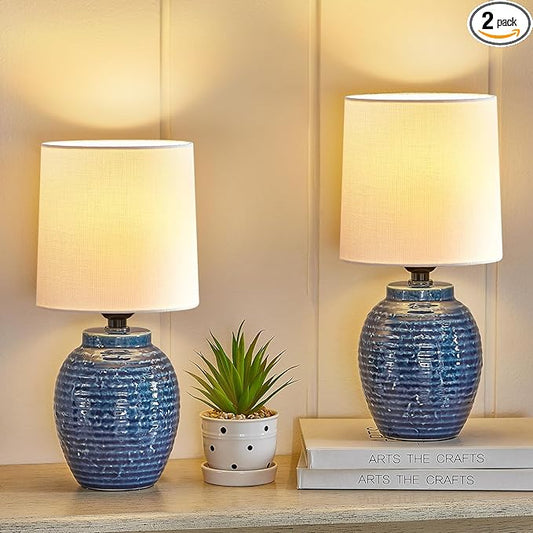 Ceramic Lamps Set of 2 - Mini Farmhouse Lamps Vintage Small Lamps Decorative for Small Spaces Bedroom Nightstand Living Room Reading Desk End Table Lamp, Blue