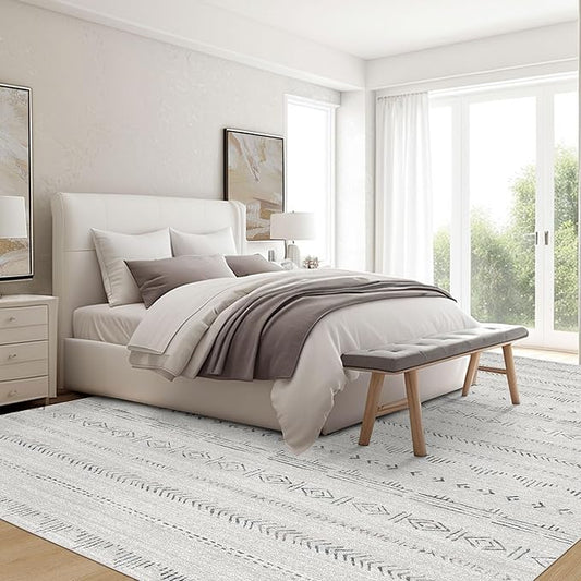 Deerly Washable 5x7 Rugs for Bedroom, Moroccan Farmhouse Area Rug 5x7 with Non-Slip Backing, Soft Low Pile Indoor Floor Carpet Boho Neutral Area Rug for Living Room Home Office Decor, Light Grey