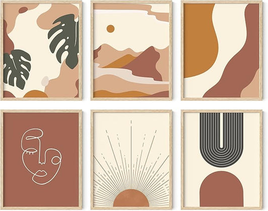 HAUS AND HUES Boho Prints Neutral Wall Art - Set of 6 Boho Art Prints Mid Century Modern Wall Art | Bohemian Artwork for Wall Aesthetic Decor (Beige Frame, 16x20)