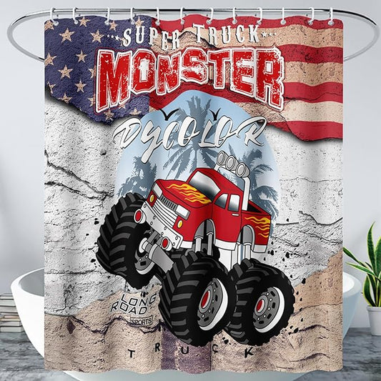 AILONEN Monster Truck Shower Curtain, American Flag Truck Bath Curtain for Boys,Red Truck Car Bathroom Decor Waterproof Fabric 72" W*72" H Inch with 12 Plastic Hooks
