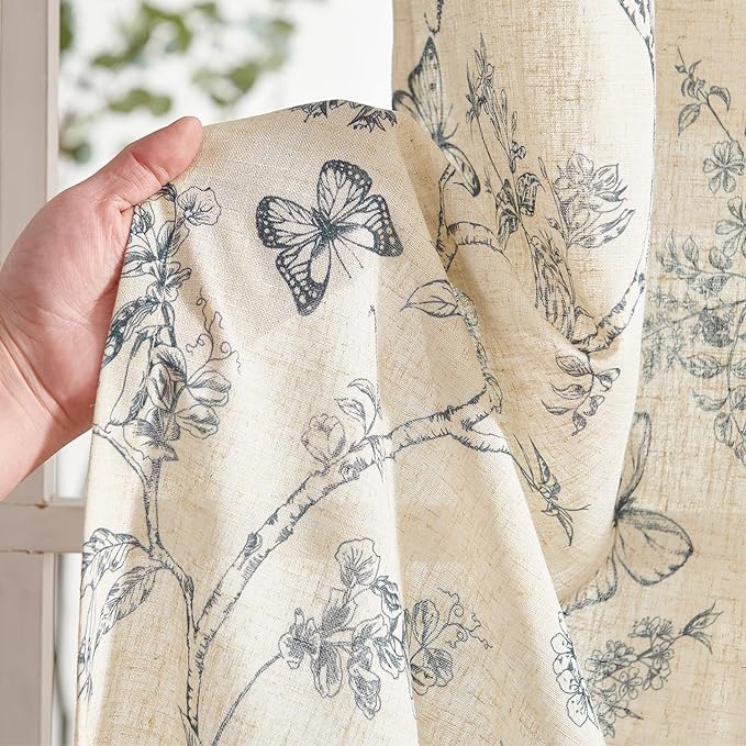 Lazzzy Blue Floral Linen Farmhouse Curtains 96 Inches Long Back Tab Drapes for Living Room Bedroom Light Filtering Country Vintage Rod Pocket Curtains,2 Panels, Blue on Beige