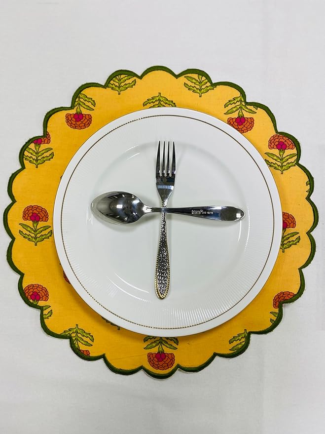 Ridhi Pestal Orange Bo-ho Round Place Mat Double Layer Floral Cotton Washable Placemats 15" Round Embroidery Block Print Table Mat Pack of 4-15 Inch Round