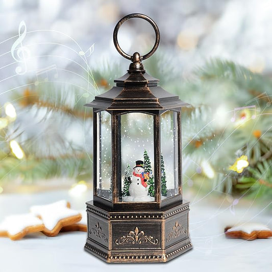 Christmas Snow Globes, 9.37" Snowman and Christmas Tree Glitter Water Lantern with 8 Songs, 6H Timer Battery & USB Powered Music Box for Christmas Decorations Indoor