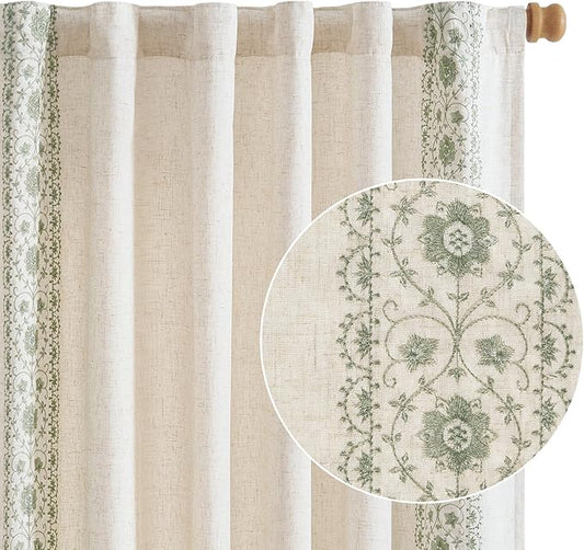 jinchan Boho Lined Linen Curtains for Living Room Sage Green Vintage Floral Farmhouse Curtains 108 Inches Long Linen Blend Drapes for Bedroom Embroidered Extra Long Drapes Sage 2 Panels