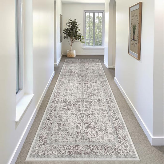 Taupe Runner Rug 2x8 Hallway Machine Washable Kitchen Vintage Distressed Non Slip Long Carpet Indoor Retro Floral Bedroom Accent Throw Rug for Bathroom Office Laundry Dining Living Room