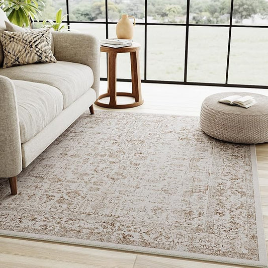 Light Brown Area Rug 4x6 Office Entryway Rug Machine Washable Kitchen Vintage Distressed Non Slip Carpet Indoor Retro Floral Accent Throw Door Mat for Bathroom Bedroom Dining Living Room