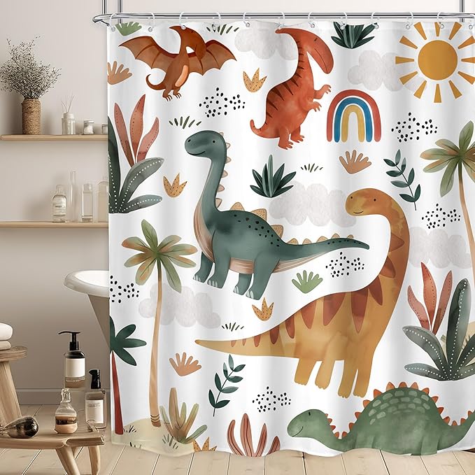 LGhtyro Kids Dinosaur Shower Curtain Bathroom Set 60Wx71H Inches Boys Cartoon Cute Dino Trex Raptor Jungle Animal Rainbow Sun Bath Accessories Watercolor Tree Plant Art Home Decor Fabric 12 Pack Hooks