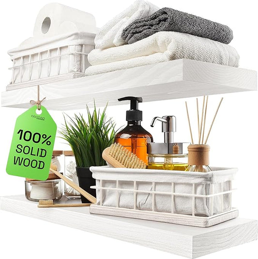 BAOBAB WORKSHOP Wood Floating Shelves for Bathroom Wall - White Shelves for Bedroom Kitchen Living Room - Solid Wood Shelves - White - 24 x 6.7 Inch, Set of 2