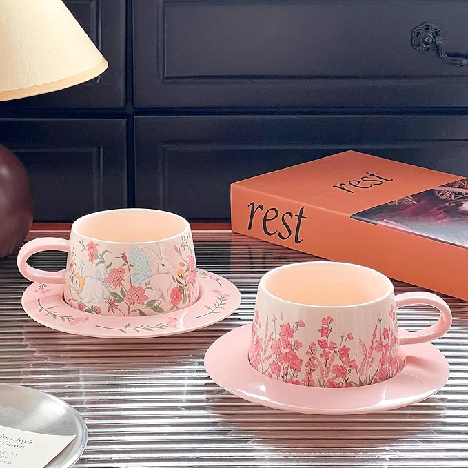 Cute Ceramic Coffee Mug with Saucer Set, 9oz Rabbit Pink Tea Cup with Floral Design, Latte Art Mugs for Coffee Tea Hot Chocolate, Gift for Women, Mom, Friend, Mothers Day Gifts