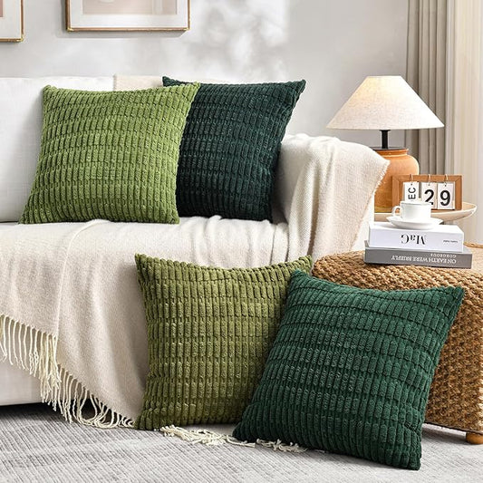 Fancy Homi Set of 4 Green Boho Spring Decorative Throw Pillow Covers 24x24 Inch for Couch Bed Sofa, Aesthetic Modern Bohemian Room Decor, Soft Fuzzy Fluffy Cozy Corduroy Cushion Case 60x60cm