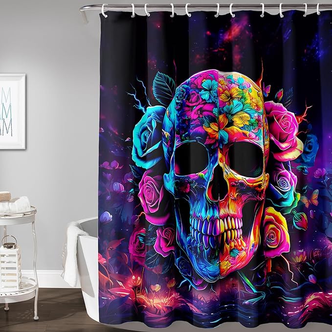 AILONEN Sugar Skull Shower Curtain for Bathroom,Romantic Rose Flower Skull Bath Curtain Decoration,Colorful Skeleton Print Waterproof Purple Curtain with 12 Plastic Hooks, 48" W*72" H