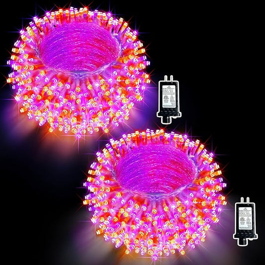 JXLEDAYY 2 Pack Each 66ft 200 LED Halloween Lights Outdoor Decorations 8 Modes Fairy Lights Plug in String Light with Timer for Outside House Yard Tree Stairs Party Holiday Decor-Orange and Purple