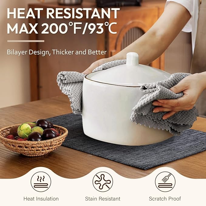 Placemats Set of 6, Dual-Layered Thickened Faux Linen Cloth Place Mats Heat Resistant Machine Washable Wrinkle Free Table Mats Indoor/Outdoor (Dark Grey)