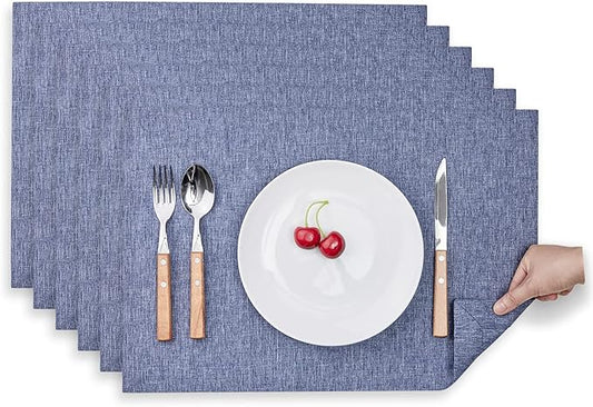 Mebakuk Cloth Placemats, Machine Washable Linen Style Thick Place Mats, Heat Resistant and Easy to Clean Fabric Table Mats for Kitchen Dining Table (Denim Blue, Set of 6)
