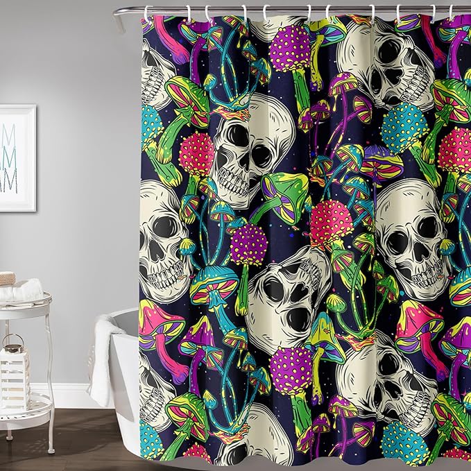AILONEN Skull Shower Curtain for Bathroom,Mushroom Skull Bath Curtain Decoration,Fantasy Fungus Skeleton Print Waterproof Black Curtain with 12 Plastic Hooks, 72" W*78" H