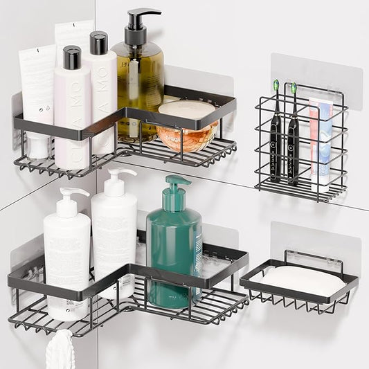 Corner Shower Caddy, 4 Pack Bathroom Organizer with Soap Holder, Brush Holder and 12 Hooks - Rustproof Stainless Steel Shower Shelves - No Drilling Wall Mounted Rack (4 Pack)