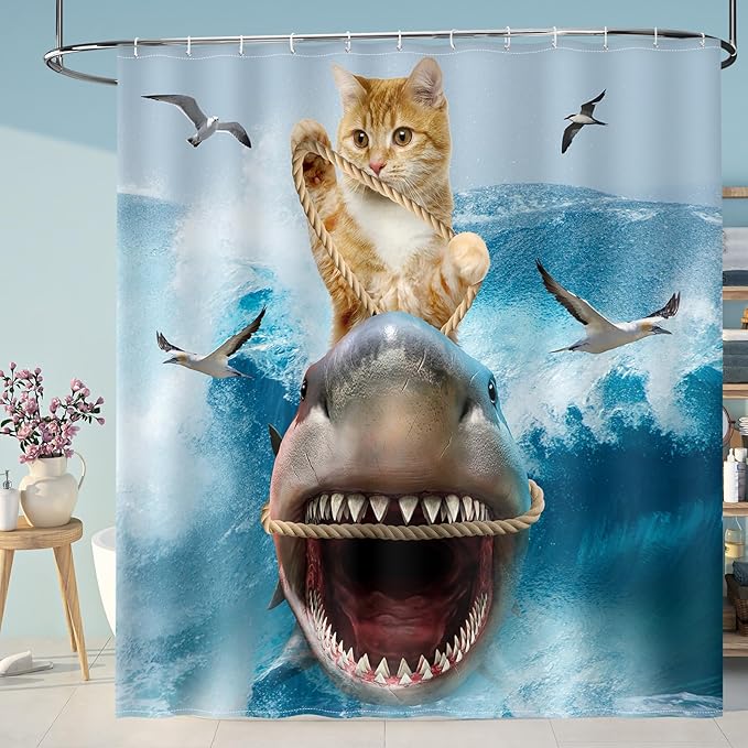 Aimego Long Funny Shower Curtain - Cute Cool Cat Riding Shark Ocean Wave Fun Fabric Cloth Shower Curtain Set with 12 Hooks for Adults Kids Bathroom Decor Accessories Bathtub Curtain, 72"x78"
