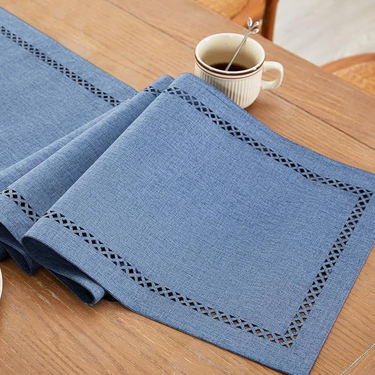 Burlap Style Farmhouse Table Runner, 13 x 36 Inch Blue, Rustic Geometric Hollow Table Runners 36 Inches Long for Dresser Table Everyday Use, 13x36 Inches, Blue