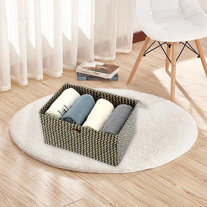 Hipiwe Wicker Shelf Baskets Bin with Lid, Handwoven Seagrass Basket Storage Bins Rectangular Household Basket Boxes for Shelf Wardrobe Home Organizer,Black,Large