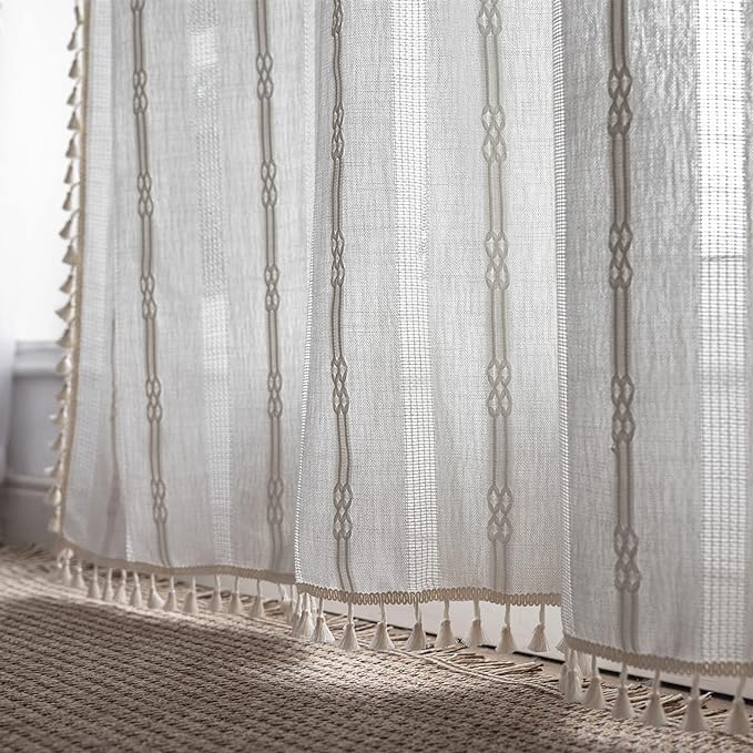 Sutuo Home Boho Curtain for Bedroom 84 Inch Length, Light Filtering Country Farmhouse Vintage Shabby Chic Tassels Window Treatment Hollow Stripes Bohemian Embroidery Drape 1 Panel 52"W x 84"L, White