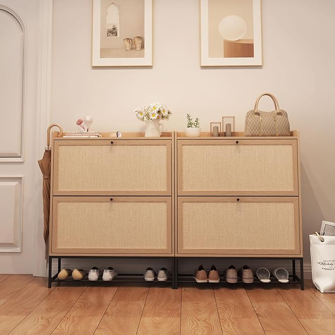 AVZEAR Narrow Shoe Storage Cabinet for Entryway with 2 Flip Drawers, Freestanding Shoe Cabinet with Natural Linen Panel, Slim Wood Shoe Organizer Closed Shoe Rack for Hallway, Foyer(Natural)
