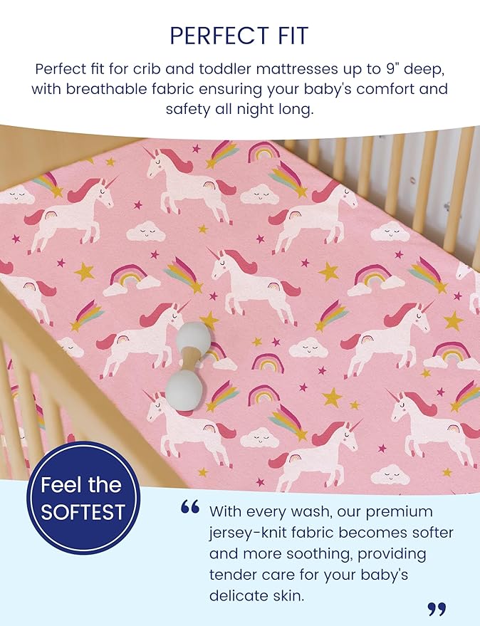 TotAha Premium Stretchy Unicorn Crib Sheets (2-Pack)-Hypoallergenic, Silky Comfort, Buttery Soft, Calming Effect, All-Season Jersey-Knit Sheets, 9'' Extra Deep Pocket