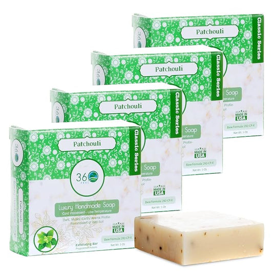 360Feel Patchouli Soap - Handcrafted Castile Patchouli Soap Bar with Soothing Scent - Handmade with Essential Oils - A Gift for Anniversaries, Weddings, and Holiday Stockings - Rich Lather - 4 pack